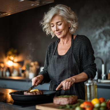 Літня жінка готує здорову їжу